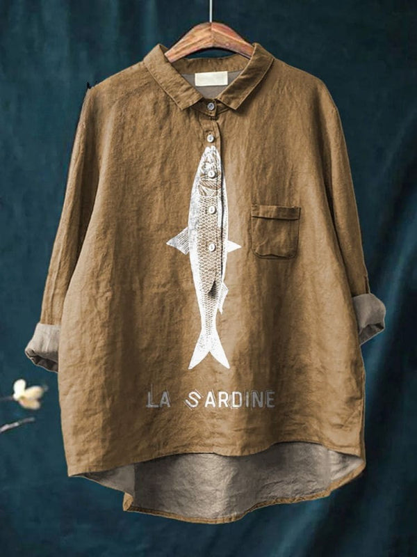 Sardine Vis Grafisch Gedruckt Damen Casual Leinen Shirt