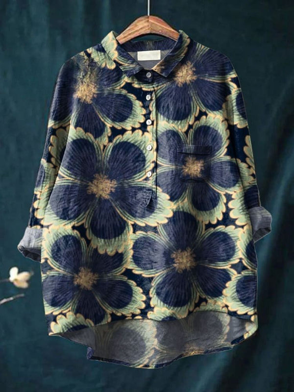 Damen Vintage Blumen Kunstdruck Freizeit Leinen Shirt